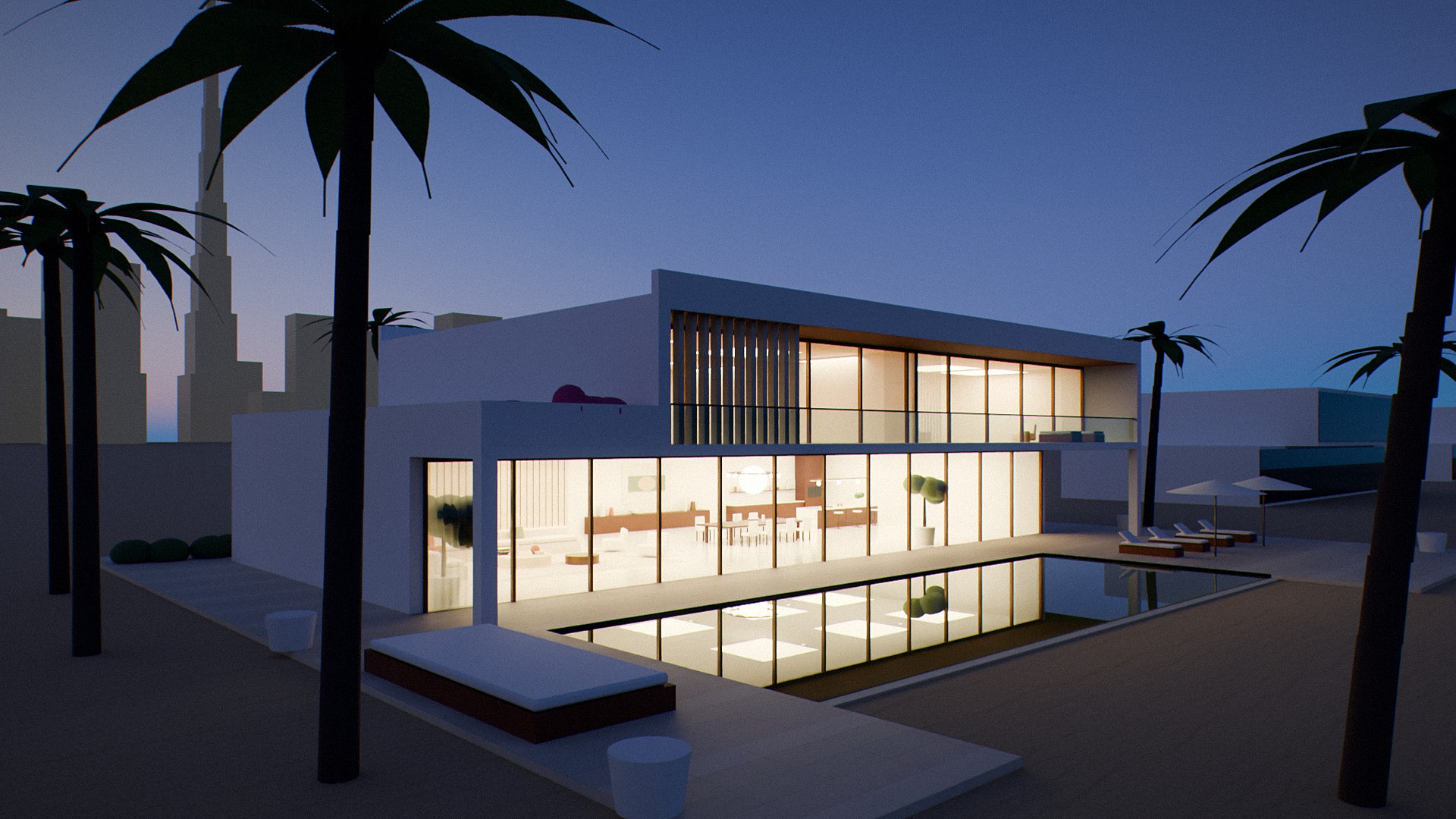 Villa Noor at dusk with the pool and every room lit