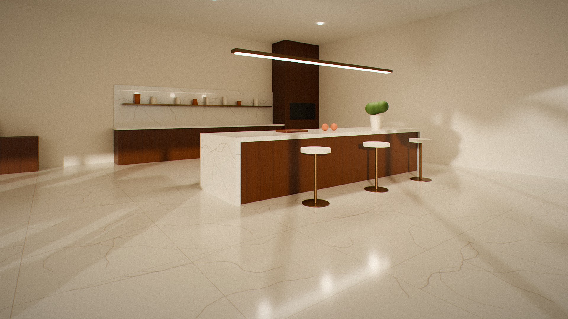 Kitchen and dining with marble island and bronze chandelier