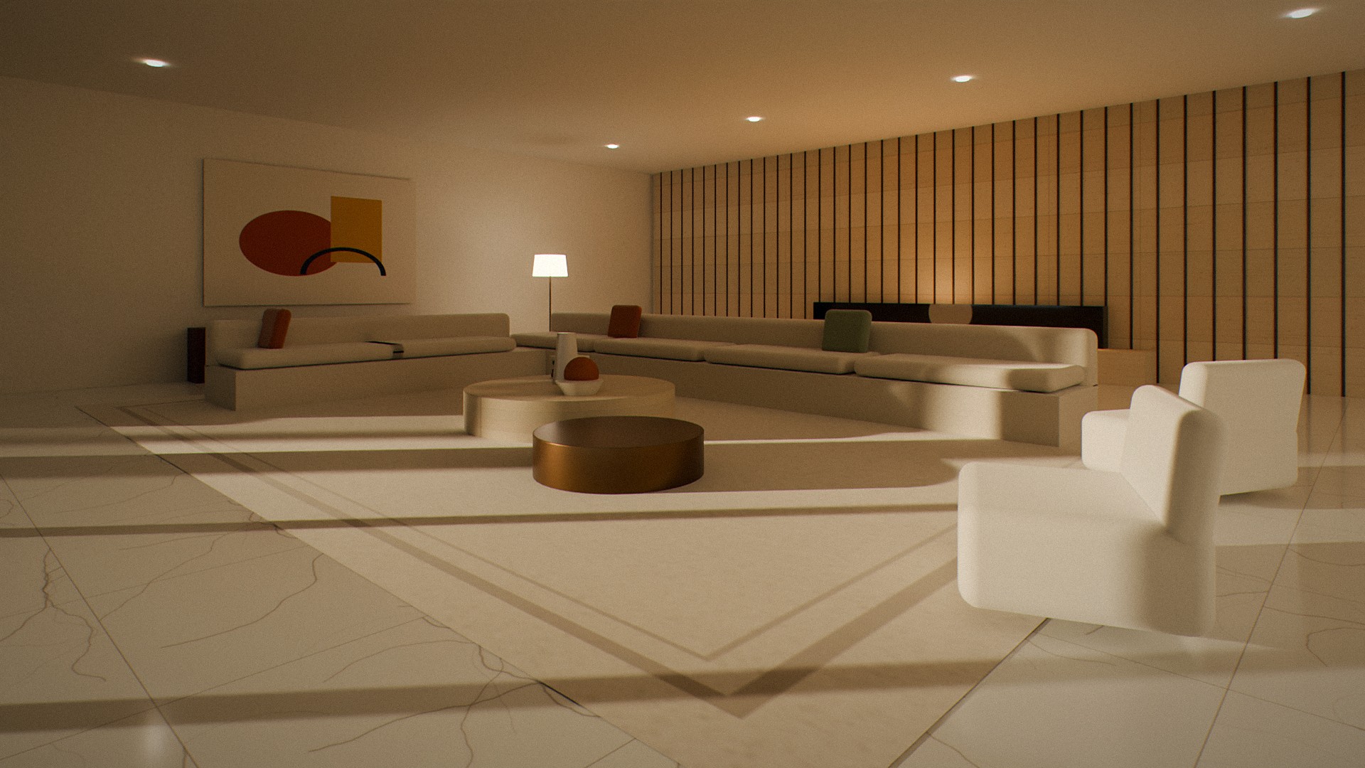 Living room with marble floor, fluted travertine fireplace wall and the pool beyond