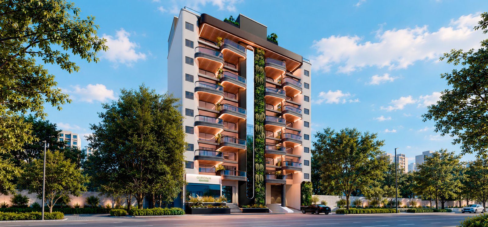 Fachada de Girona Garden, edificio de apartamentos en Laureles, Medellín