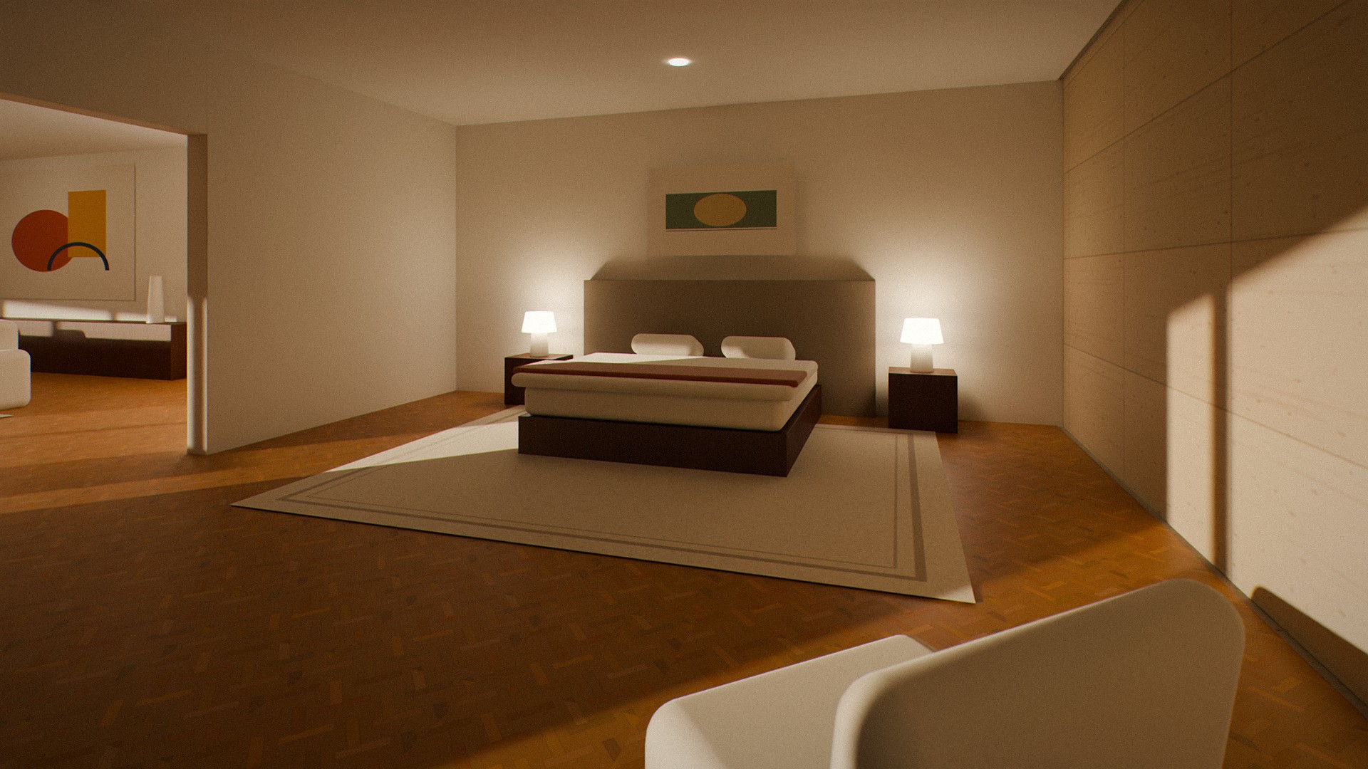 Master suite with a curved glass wall