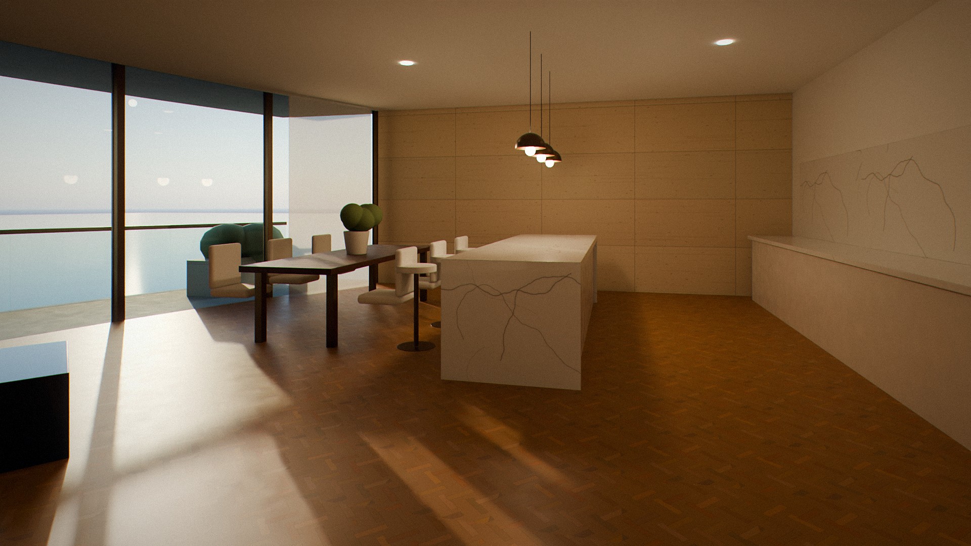 Kitchen with Arabescato marble island and a table for six