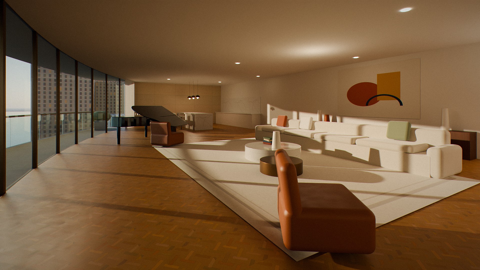 Salon with herringbone oak, a grand piano and the harbour beyond the curved glass