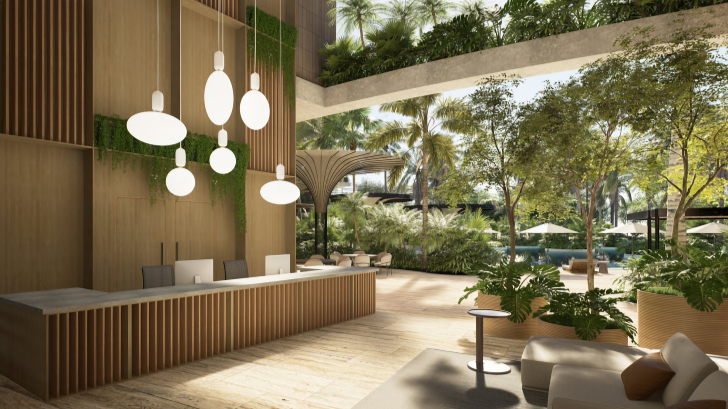 Recepción en madera con lámparas colgantes y vista al jardín