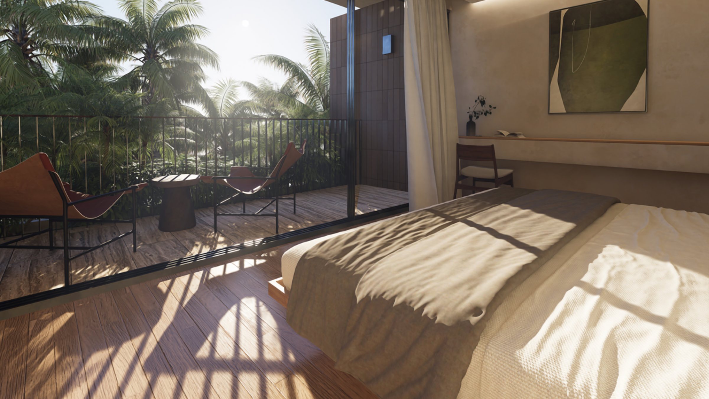 Habitación con cama, balcón y luz de la mañana entre palmas