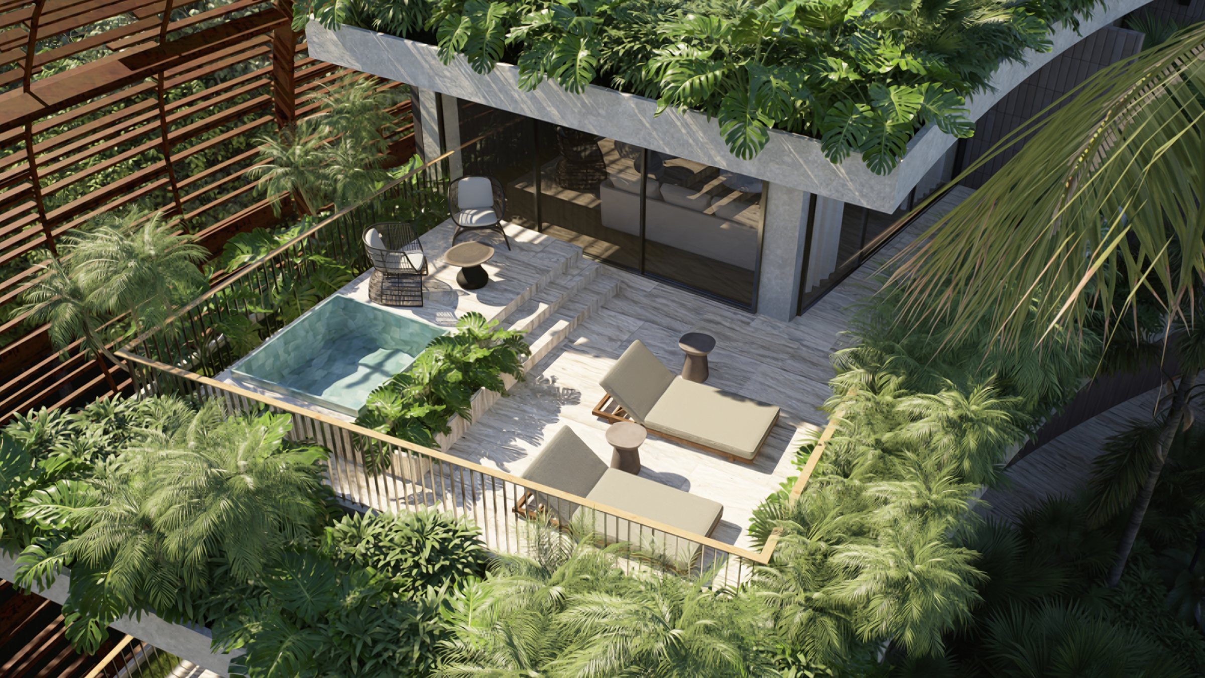Terraza privada con jacuzzi y tumbonas entre la vegetación