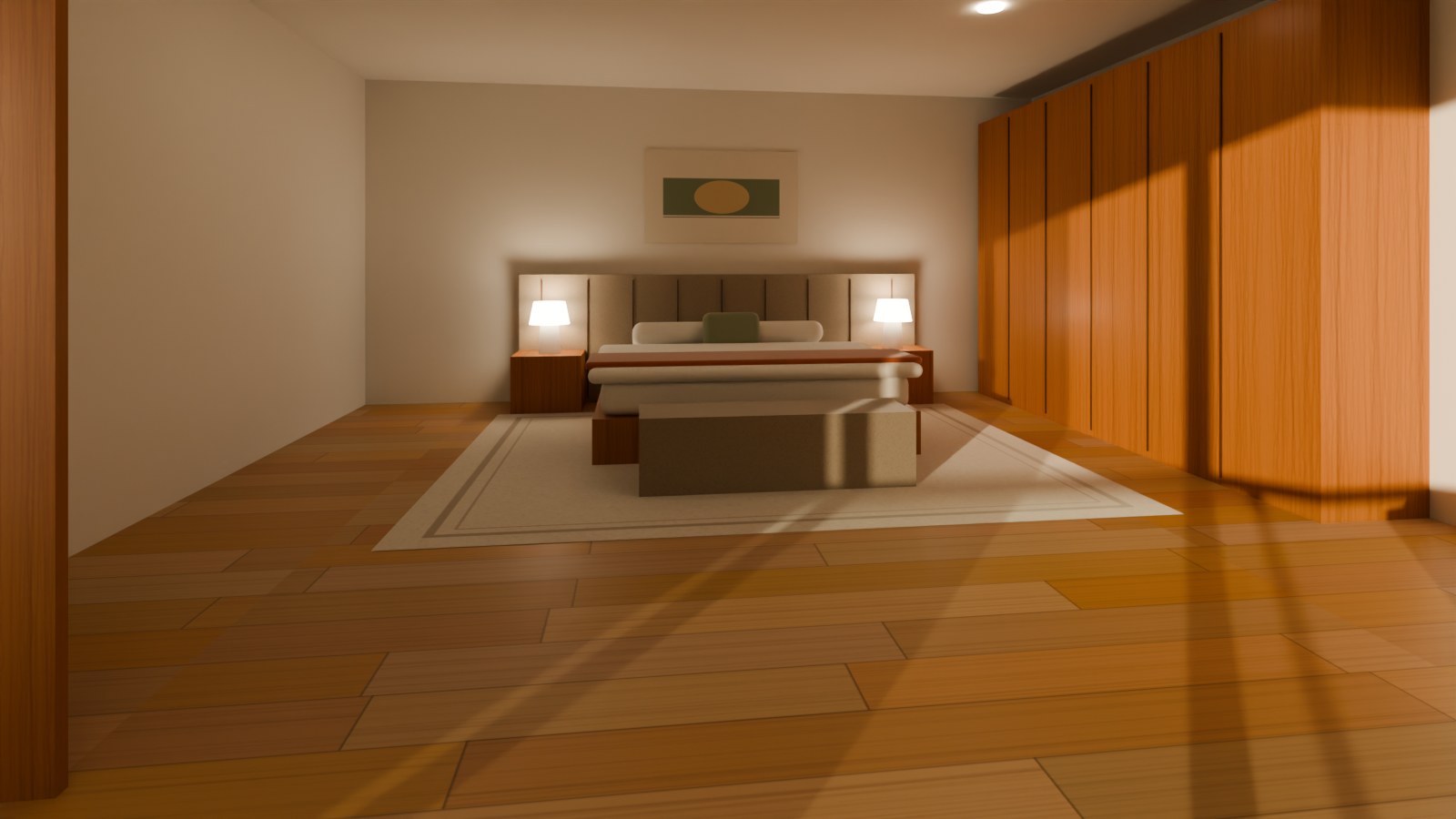 Main bedroom with upholstered headboard and oak wardrobe wall