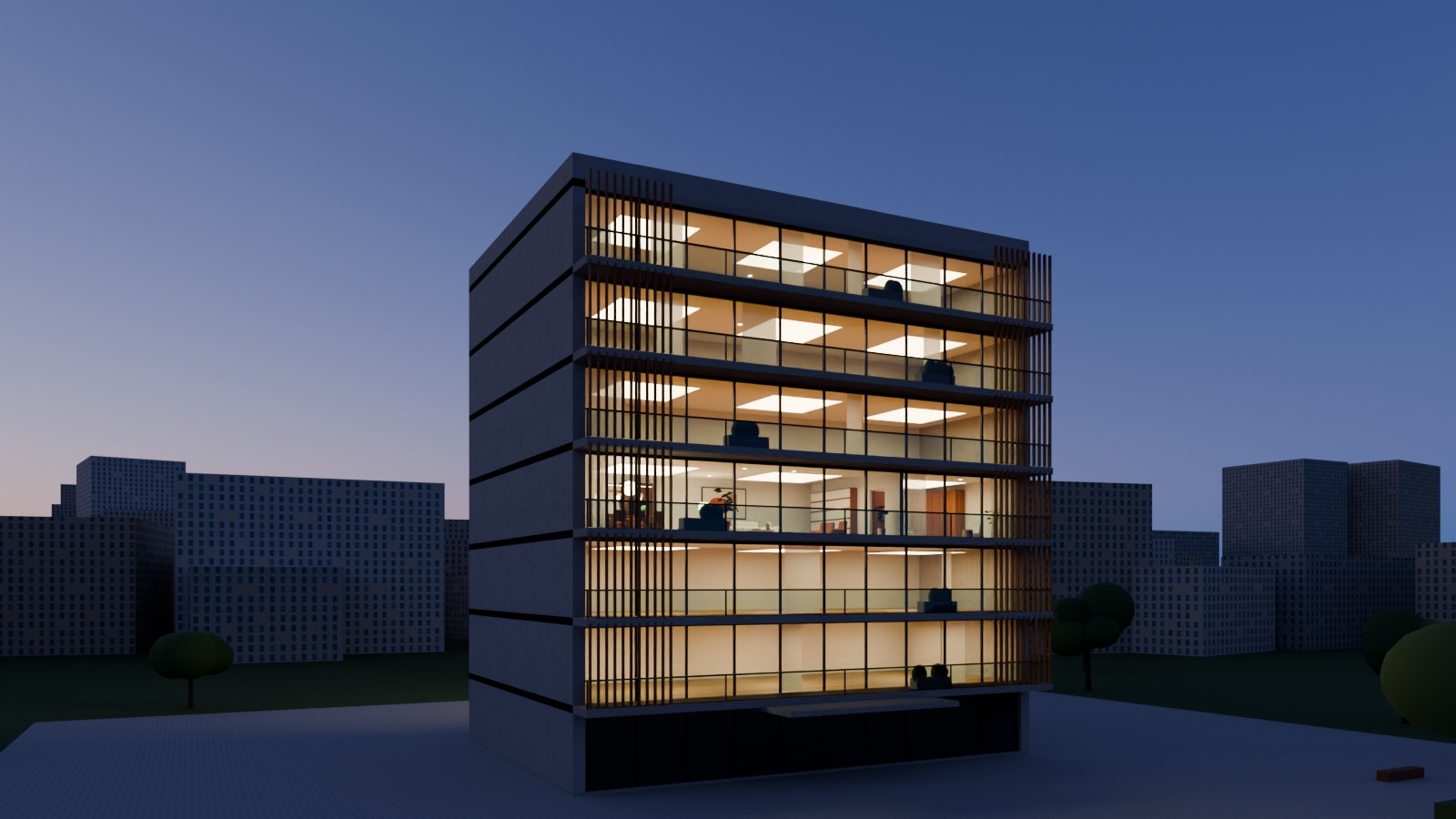 Lumen Residences at dusk with every home lit