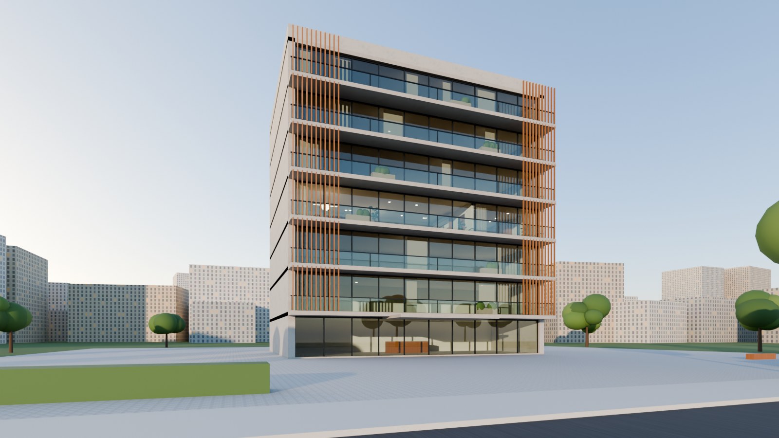 Lumen Residences from the riverside plaza at golden hour