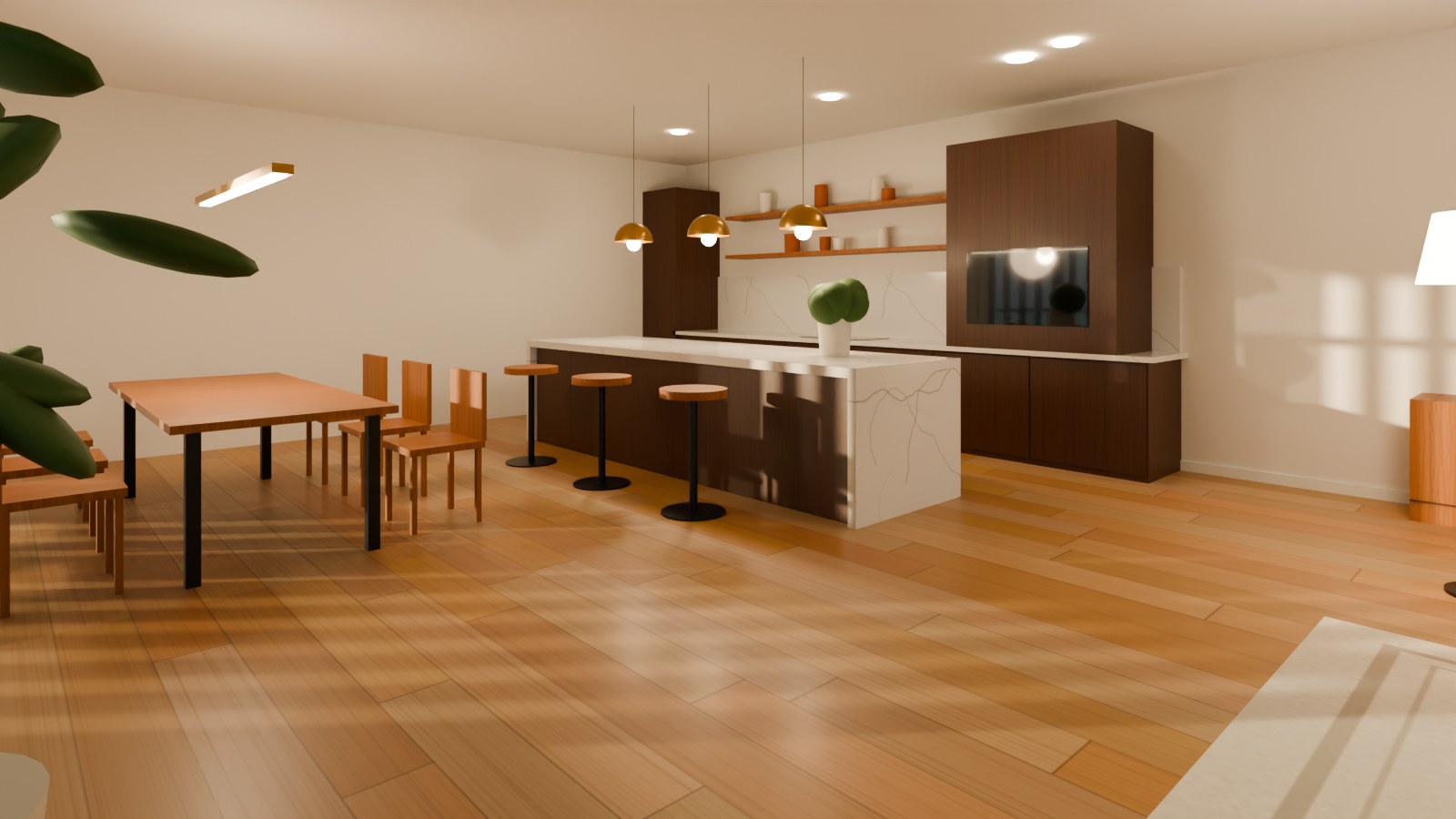 Kitchen with a marble island, smoked-oak joinery and brass pendants
