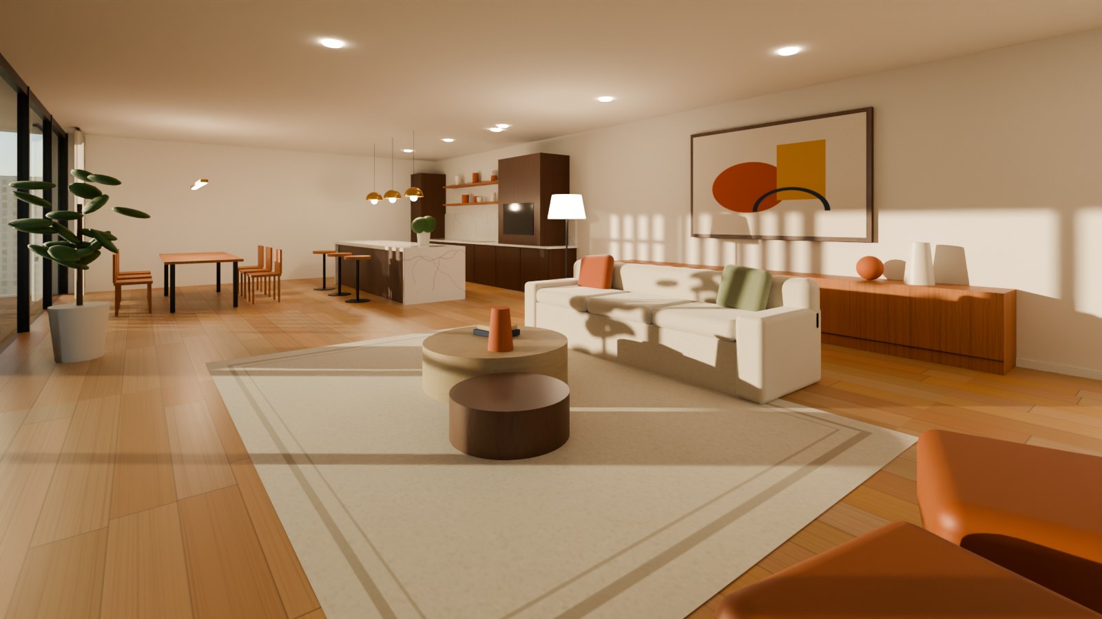 Living room of Residence 3.A with afternoon sun on the oak floor